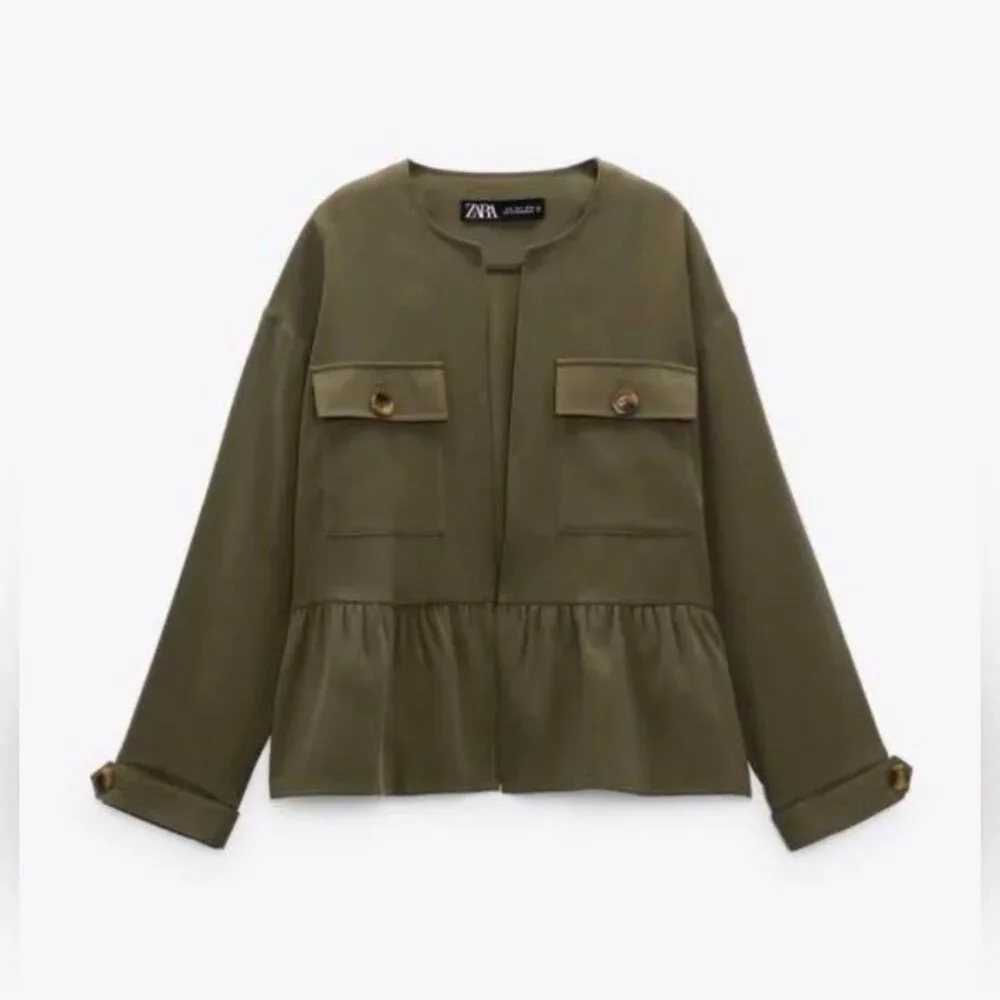 NWT ZARA Viscose Blend Ruffle Peplum Army Green Jacket Open Front 4968/068/M‎
